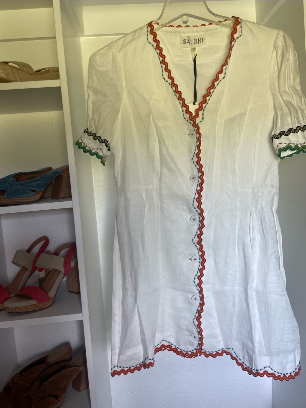 SALONI White Embroidered Button Front Dress 100% Linen
